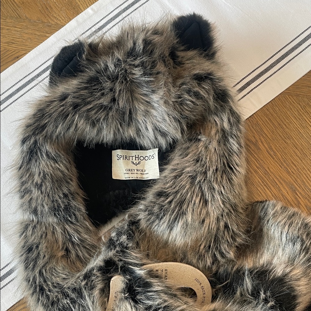 Authentic SpiritHoods Grey Wolf Black and Brown Faux Fur Hood